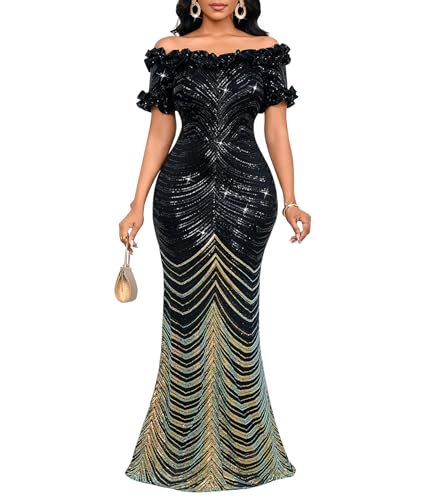 dasmzper Women Sexy Sequin Off Shoulder Ruffle Short Sleeve Bodycon Mermaid Party Formal Evening Maxi Dress