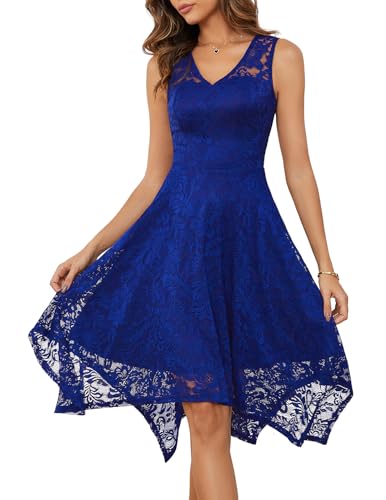Meetjen Women's Prom Dresses Asymmetrical Lace Cocktail Sleeveless Hi-Lo Fancy V-Neck Wedding Guest Dress RoyalBlue S