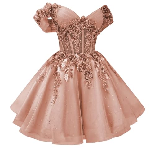 Mouccy Sequin Short Homecoming Dresses Dusty Rose 3D Flowers Prom Dress