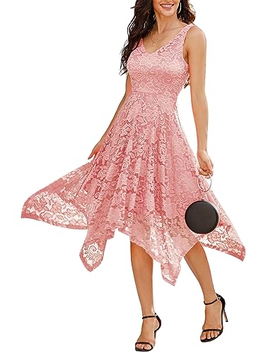 Meetjen Women Summer Bridesmaid Formal Prom Wedding Guest Dress, Blush, M | Asymmetrical, Spring Floral Lace Dresses, Elegant Cocktail Dress 2026, Knee Length, Vintage Mother of Bride Dress