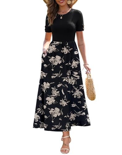 Zattcas Ribbed Summer Maxi Dress for Women with Pockets Blackx M