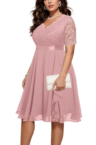 Plus Size Dusty Rose Pink Wedding Guest Lace Chiffon Tea Length Dress | Delicate lace bodice / ruffle chiffon skirt / elegant V neck / tea length / light flowy movement