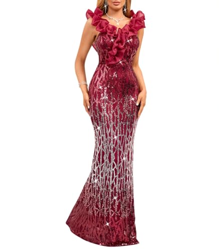 Cololura Women Sequin Off Shoulder Ruffle Mermaid Formal Dress Evening Gown