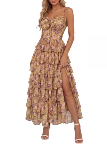 Women's Floral Corset Formal Wedding Guest Maxi Dresses Gold Roses 6