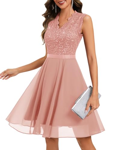 Dressystar Sparkly Floral Lace Sequin Cocktail Dress for Women Blush L