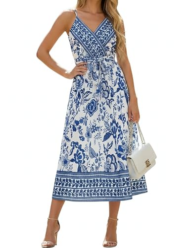 PATPAT Women Paisley Floral Maxi Dress, V Neck Spaghetti Strap Summer Vacation Beach Sundress Family Matching Outfits Mommy and Me Matching Dresses for Luau Easter Cruise, Blue Leaves Women M
