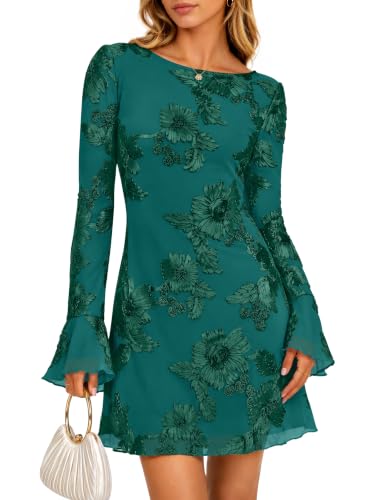 ZESICA Women's 2026 Fall Wedding Guest Cocktail Mini Dress Green M | Bell Long Sleeve, A Line, Mesh, Floral, Boat Neck Short Dresses, Cute Formal Bridal Shower Bridesmaid Birthday Holiday Party