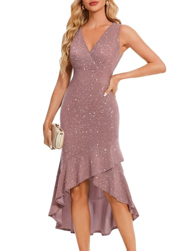 BeryLove Wedding Guest Dresses for Women Sparkly Long Formal Prom Dress Evening Cocktail Bridesmaid Long High Low Date Night Gowns 7067 Blush S