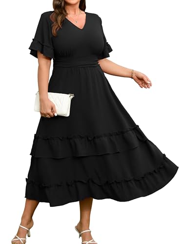 RWJ Plus Size Women's Ruffle Sleeve V Neck Tiered Maxi Dress Black 2XL