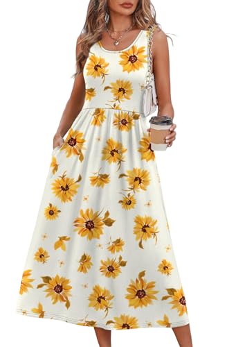 WIHOLL Summer Dresses for Women Beach Vacation Clothes Cruise Resort Wear Outfits 2026 Sun Dress Flowy Midi Dresses for Women Maxi Dresses for Seniors Sundresses Spring Dresses Sunflower Print L