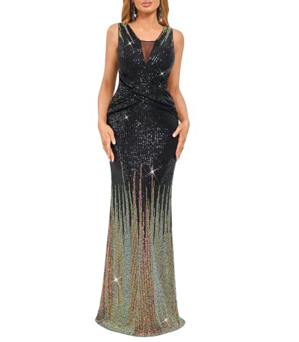 dasmzper Women’s Sequin Evening Gown–Sleeveless V-Neck Slim Formal Dress for Wedding Guest, Prom & Parties