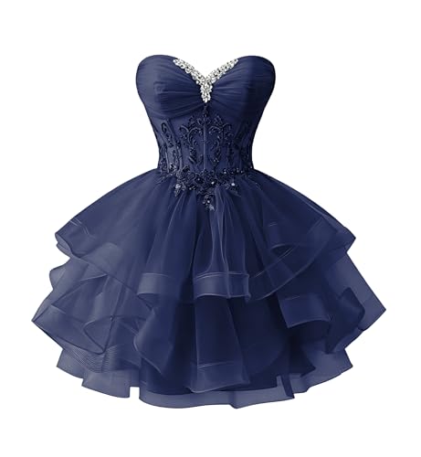 Uryouthstyle Navy Blue Junior's Strapless Short Prom Dresses for Teens Beaded Lace Applique 2026 Tiered Pleated Tulle Homecoming Cocktail Dresses US0
