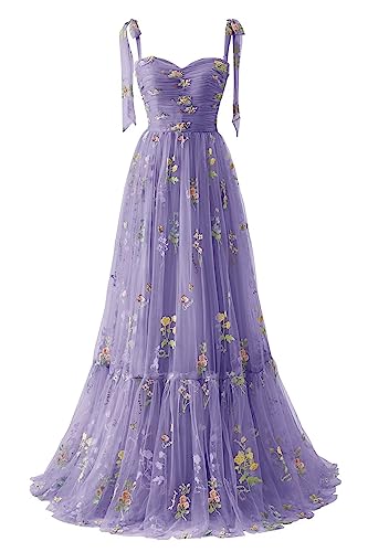 UZN Tulle Flower Embroidery Prom Dresses Long for Women Spaghetti Strap Ruched Floor Length Formal Evening Party Gown Lavender Size 8