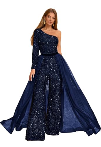 Guramisi Sequin Jumpsuits Prom Dresses Corset Long Sleeves Wedding Guest Dress One Shoulder Detachable Train Cocktail Gowns Navy Blue