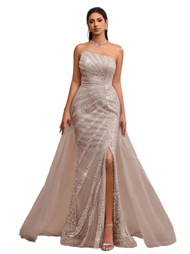 Women's Strapless Sequin Slit Dresses Sparkly Beaded Elegant Evening Cocktail Prom Maxi Gowns with Tail(T1025,L) Apricot