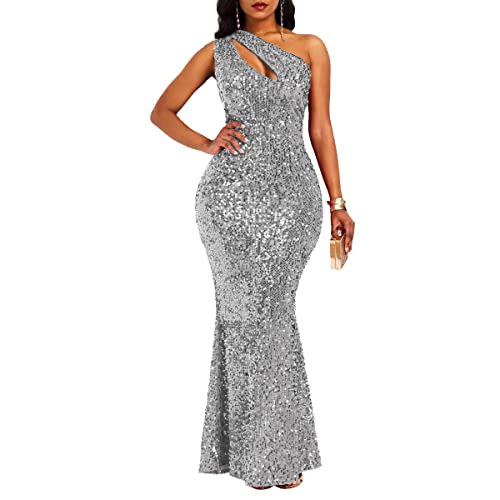 VERWIN Sequins Fashion Sleeveless Oblique Collar Mermaid Women's Maxi Dress Bodycon Dress Party Dress Gray XL