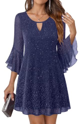 OWIN Womens Sequin Formal Evening Dress A Line Bell Sleeve Navy Blue XL
