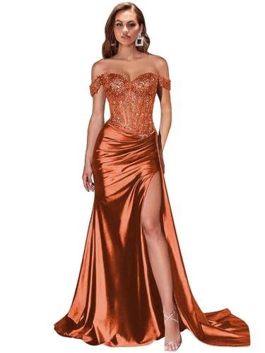 Burnt Orange Prom Dresses 2026 Sexy Mermaid Satin Long Off Shoulder Sequin Appliqued Trumpet Formal Evening Dresses with Slit Us0
