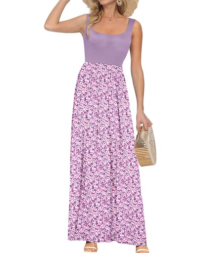 AUSELILY Women's Summer Maxi Dress Square Neck Sleeveless Floral Loose Long Hawaiian Beach Vacation Dresses with Pockets Pink Purple Flower XL