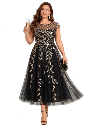 Ever-Pretty Plus Women's Sequin Midi Plus Size Formal Wedding Guest Dresses | Round Neck, Cap Sleeve, Plus Size Semi Formal Dress, Plus Size Evening Dresses, Black & Gold US22