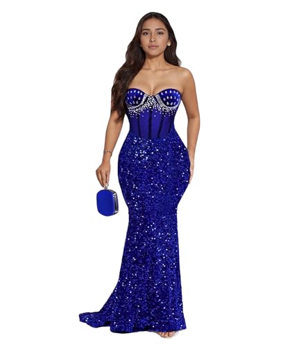 PORRCEY Women Sexy Rhinestone Off Shoulder Mermaid Dress(K3585,Blue,XL | XL