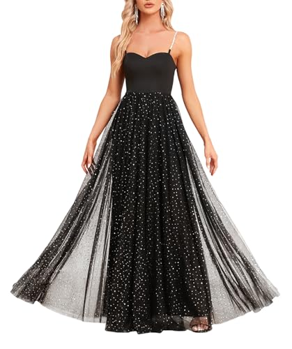 YHHOWEP Women's Sparkly Prom Gowns Glitter Sequin Tulle A Line Long Formal Evening Gown Dresses High Waist Maxi Party Dress Black S