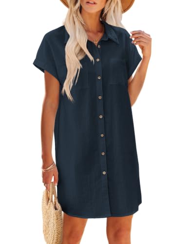 Zeagoo Cotton Dress for Women Casual Flowy V Neck Button Front Linen Dress Short Sleeve Summer Sundress Loose Fit Mini Tunic Beach Cover Ups BlueL