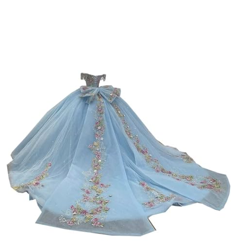 grxkiming Deep V Neck Ball Gowns Mexican Charro XV Quinceanera Homecoming Cocktail Party Dresses for Women DAMA Teen Girls Pink Floral Flower Crystal Rhinestone Sequin Baby Blue Long Train Big Bow 14