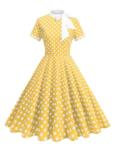 Women's 1950s Retro Dress Polka Dot Tie Neck Cocktail Party Dress Yellow S