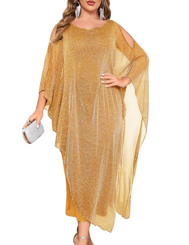 ZOMVA Plus Size Elegant Formal Dress Long Cape Overlay Wedding Guest Cocktail Mother of Bride Outfit, Sparkly Gold, 1X