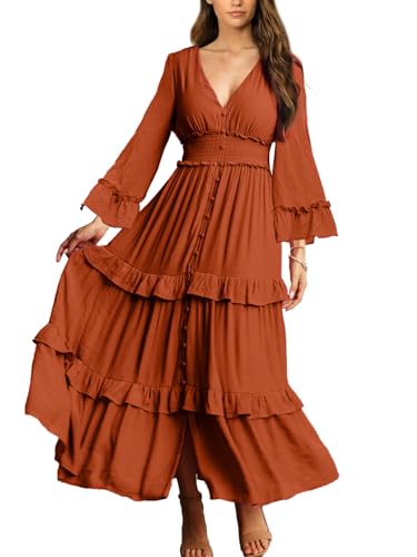 Amegoya Women's V Neck Long Sleeve Boho Maxi Dress Smocked Empire Waist Flowy Ruffle Tiered Photoshoot Dress (Burnt Orange L)