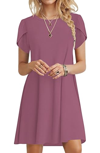 MOLERANI Women's Summer Casual Petal Sleeve Swing T-Shirt Dress,Mauve,S