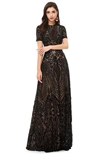 Ikerenwedding Women's Short Sleeves Sequins A-Line Formal Evening Dress Black US8A