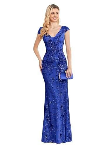 Womens Sequined Long Evening Gown Glamous Sleeveless V-Neck Mermaid Prom Dress for Wedding Party Club Occasions Royal Blue L