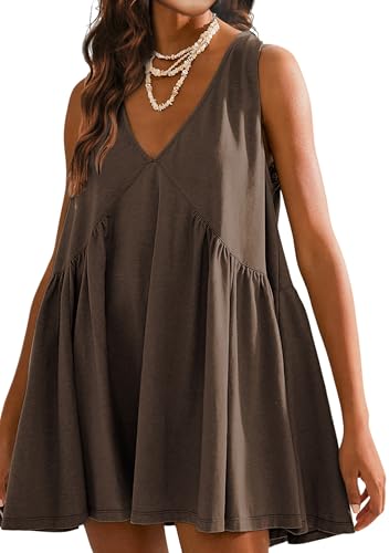 Tomosc Sleeveless Mini Dress for Women 2026 Summer Casual V Neck Sundress Loose Babydoll Dress with Pockets (2S-Coffee-M)