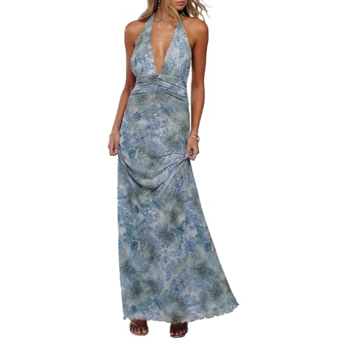 GUCURIN Women Halter Backless Dress Deep V Neck Open Back Mesh Maxi Dress Beach Vacation Wedding Guest (S,Blue)