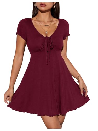 OYOANGLE Women's Summer Casual Short Sleeve Drawstring Front Tshirt Dress | Ruched Short Dress, V Neck A Line T-shirt Dress,Knee High,Summer Outfits, Burgundy, Large Petite