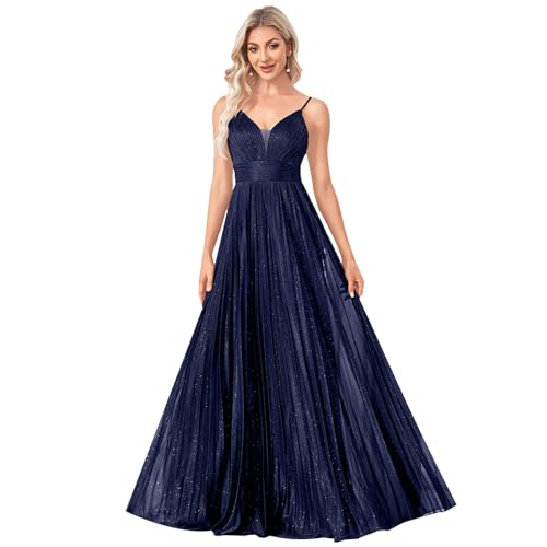 BluePlum Pleated A-Line Formal Dress Women Wedding Guest,Navy Blue,XXL