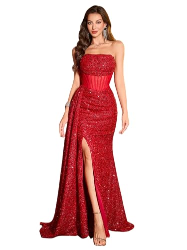 GZXHXLIFU Women's Luxury Sequin Off Shoulder Slim Fit Long Formal Banquet Evening Dress Wedding Dress Red