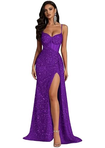 Lekessid Prom Dresses Sequin Long Corset Mermaid Evening Dress US8 Purple