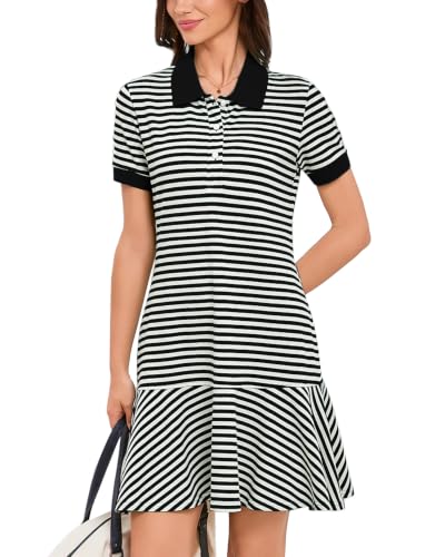 YEXPINE Women's Striped Polo Dress Short Sleeve Ruffle Hem Golf Tennis Summer Casual Mini Dress Black