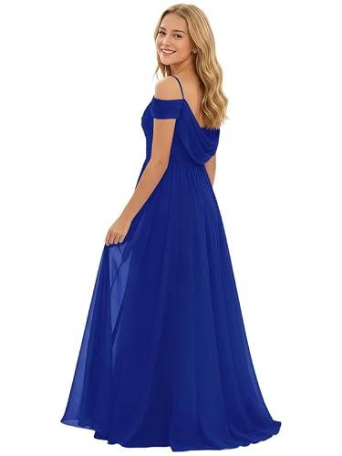 Habteens Royal Blue Junior Bridesmaid Dresses for Wedding Girl Draped Cowl Neck A-line Cold Shoulder Sleeve Chiffon Dress Pageant Formal Guest Gown 10