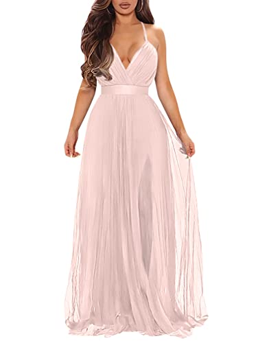 XXTAXN Womens Sexy Deep V Neck Split Cocktail Formal Prom Maxi Dress Pink