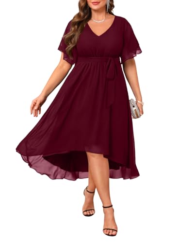 Plus Size Burgundy Dress Wedding Guest Chiffon Short Sleeve High Low Dress