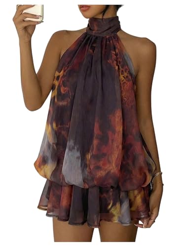 SweatyRocks Women's Y2k Chiffon Backless Halter Mini Dresses | Draped Ruffle Going Out Summer Dress, Multicolor Leopard, Small