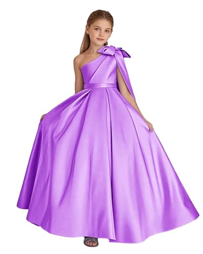 One Shoulder Flower Girl Dresses with Pockets A Line Satin First Communion Dress Pageant Dresse Ball Gown with Bow TJ15 2