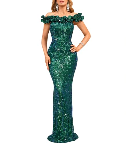 Cololura Women Sequin Off Shoulder Mermaid Bodycon Formal Maxi Evening Gown