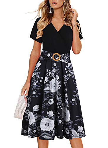 Women's Elegant Criss-Cross V Neck Vintage Short Sleeve Work Casual Party Swing Tea Dress with Pockets 980 (XL, Black White)
