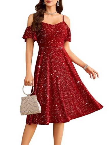 Meetjen Sequin Prom Dresses for Women Formal Wedding Guest, Burgundy, L