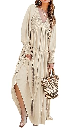 R.Vivimos Maxi Dress for Women Long Sleeve V Neck Empire Waist Layered Ruffle Boho Casual Flowy Long Dresses (Small, Beige)